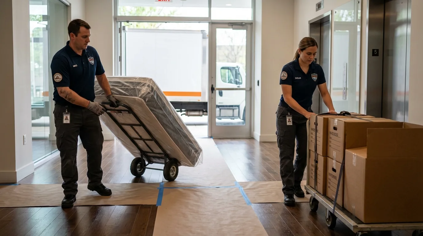 Professional apartment movers loading elevator in Brentwood, TN