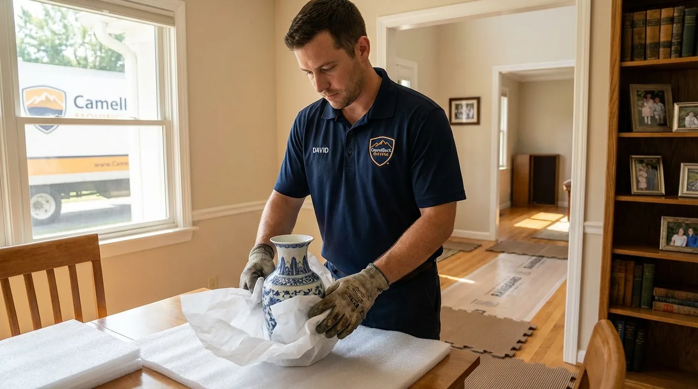 Professional crew carefully wrapping antique vase for senior downsizing move in Brentwood, TN